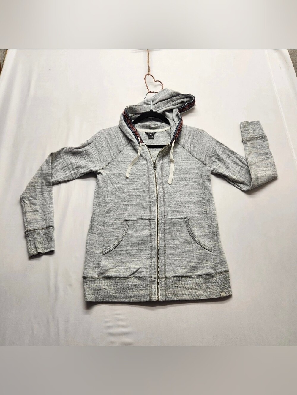 ⭐️Eddie Bauer Full Zip Hoodie Sweatshirt Gray Aztec Border Pattern Trim Hood XS